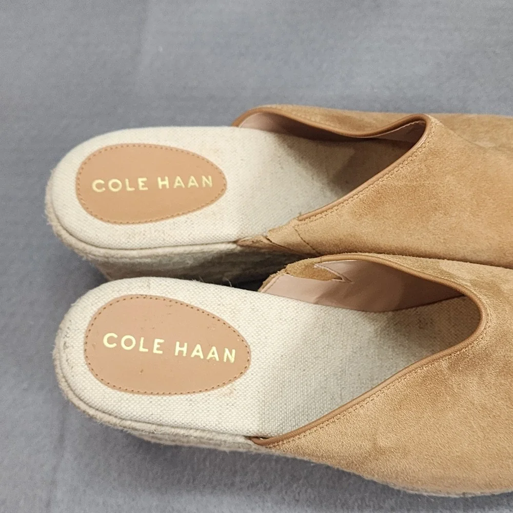 Cole Haan‎ Espadrille Wedge Sandals Tan Suede Peep Toe Slide W31552 Womens 9.5 B